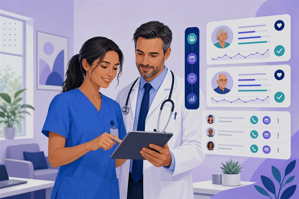 Care manager and physician reviewing chronic care plans and patient outreach