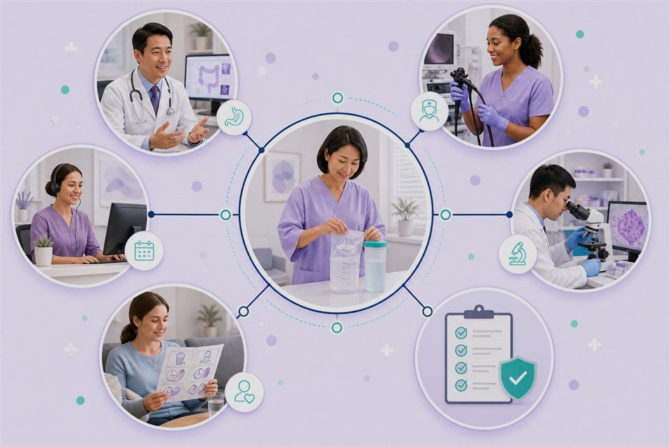 GI care network connecting patient prep, endoscopy unit, physician, and follow-up team