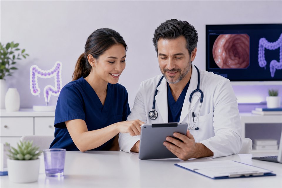 Gastroenterology nurse and physician reviewing colonoscopy prep checklist and procedure schedule
