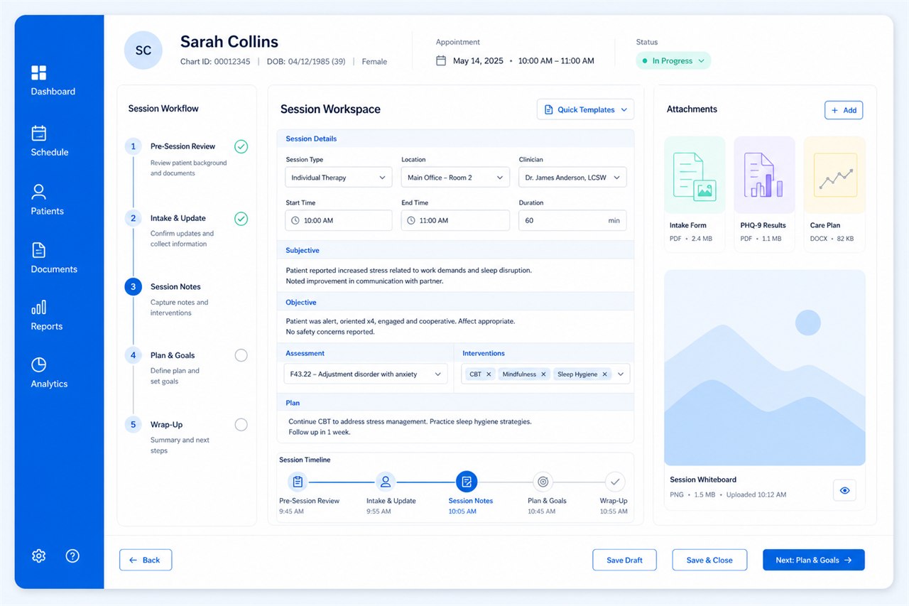 ZimalCloud GI clinical workflow dashboard with session workspace and attachments