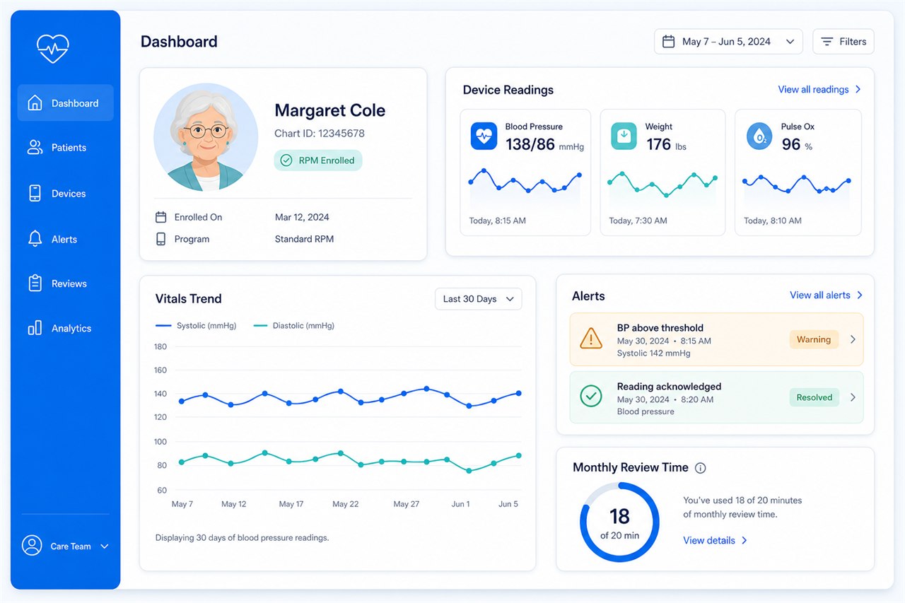 ZimalCloud RPM dashboard showing device readings, vitals trends, alerts, and monthly review time