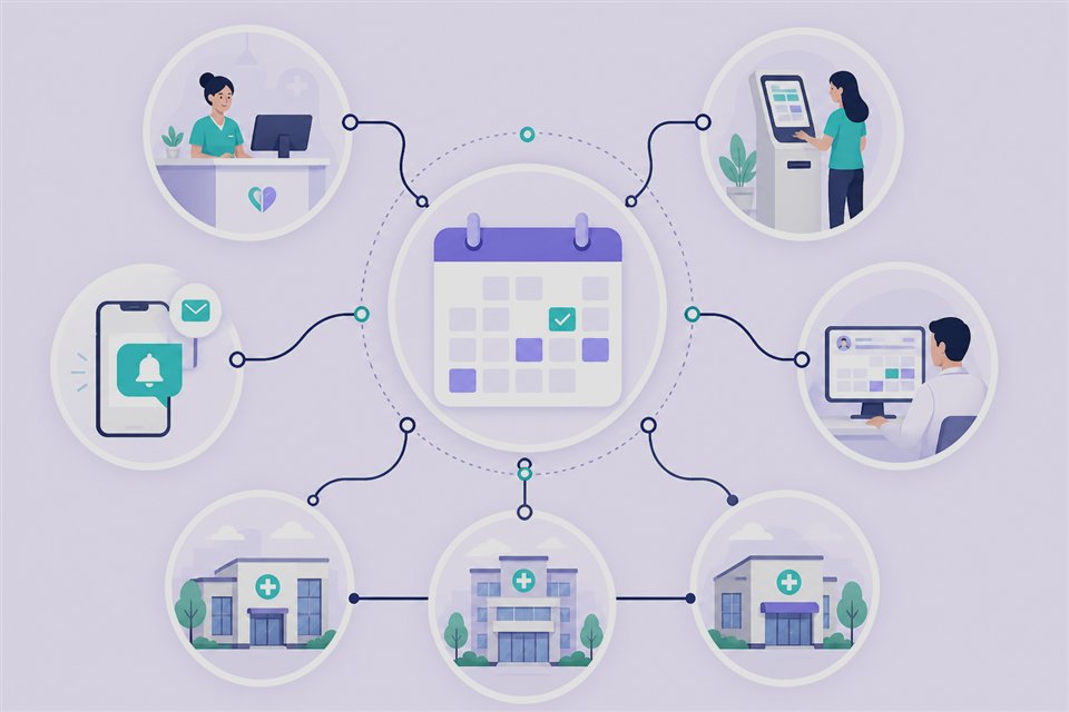 Practice management workflow connecting scheduling, registration, check-in, and front-desk operations