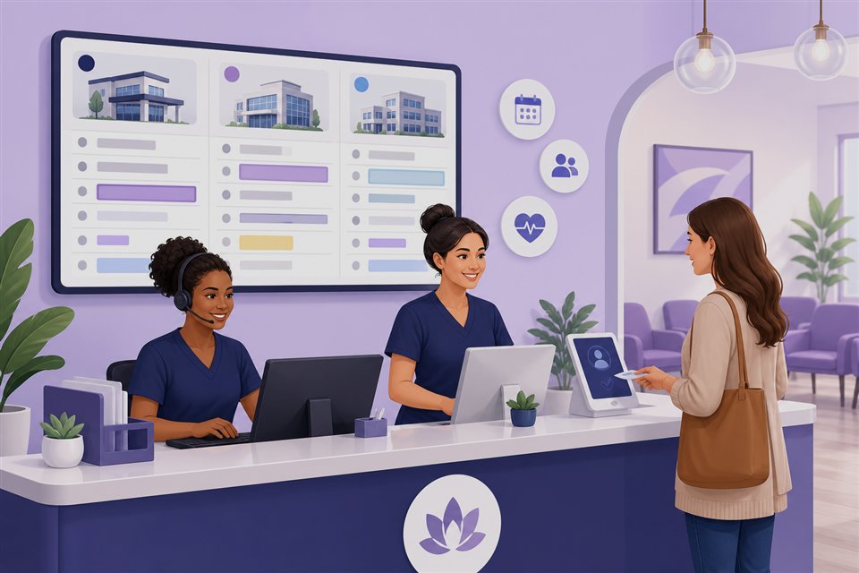 Medical front-desk team managing multi-location appointment schedule and patient check-in