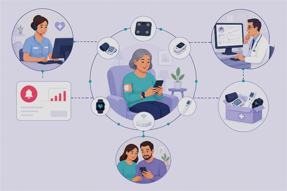 Remote monitoring network connecting patient devices, nurse triage, and physician review