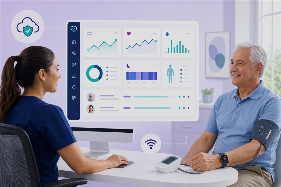 Clinical nurse reviewing remote patient monitoring alerts with a senior patient wearing a connected device