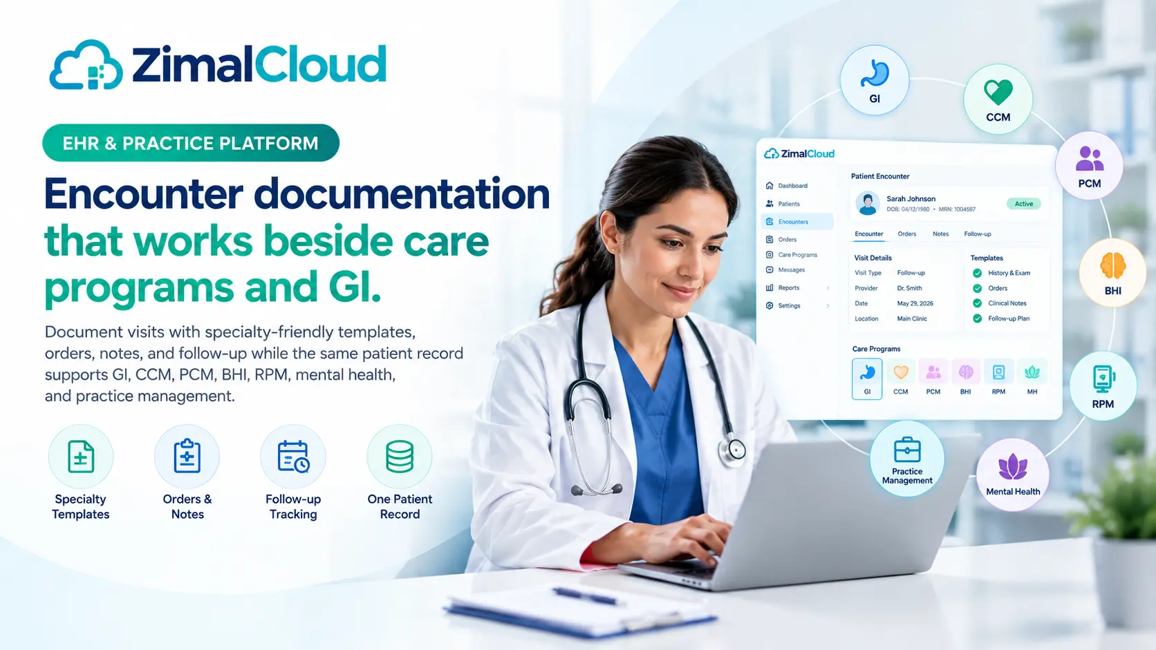 Clinician documenting an encounter with orders, notes, and follow-up on a specialty-friendly EHR