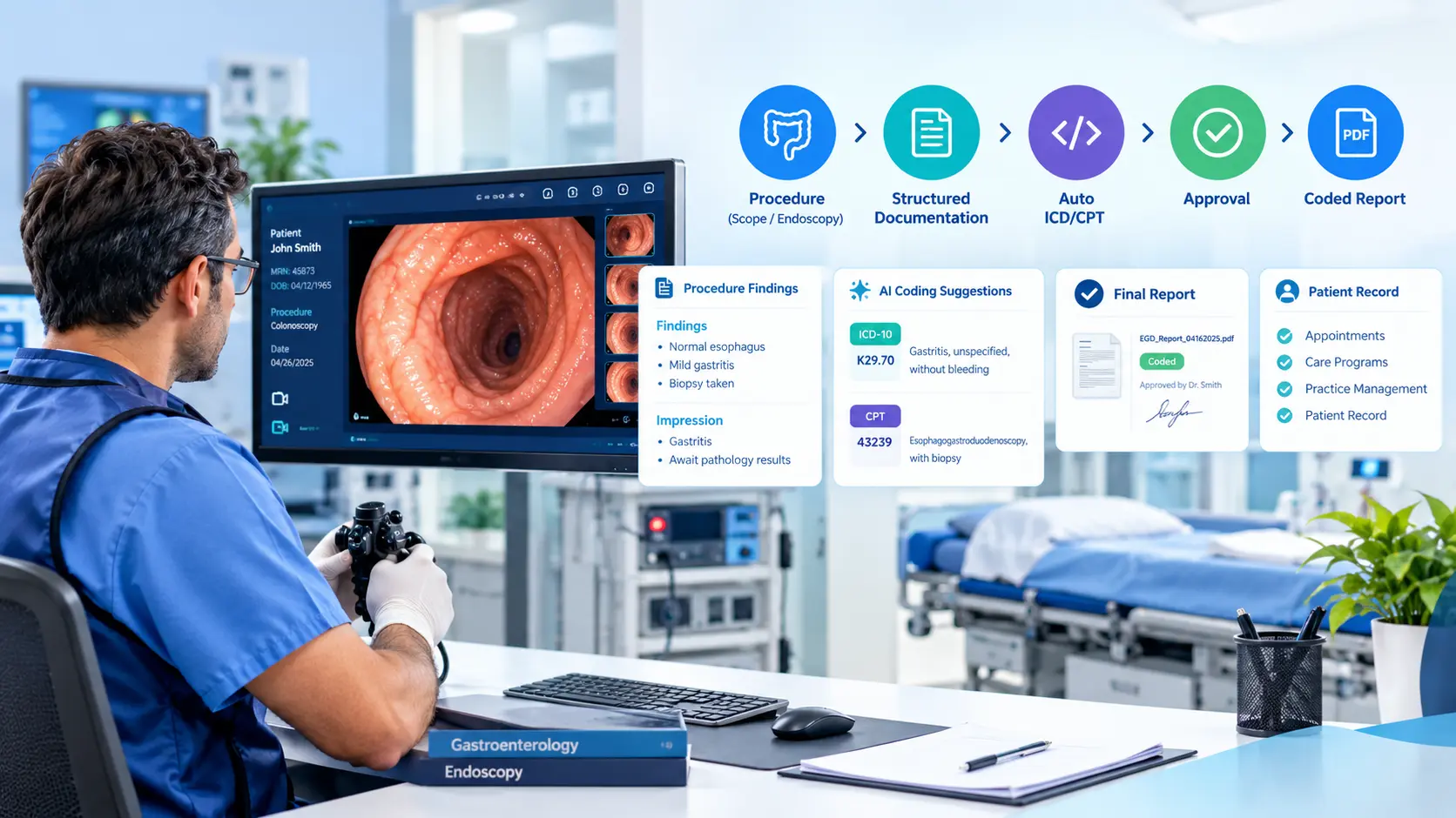 Physician using ZimalCloud GI: live scope streaming, structured findings, auto ICD/CPT, and coded PDF in one practice platform