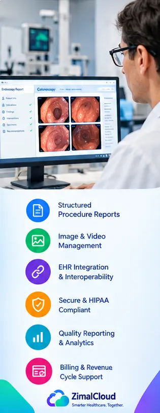 Best GI Endoscopy Reporting Software for US Practices ZimalCloud Healthcare Technology Gastroenterologist reviewing endoscopy reporting software with structured procedure documentation and images